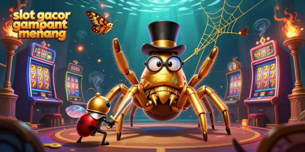 Gambar slot gacor gampang menang menampilkan tarantula emas dan kesatria kecil di kasino dengan mesin slot bersinar.