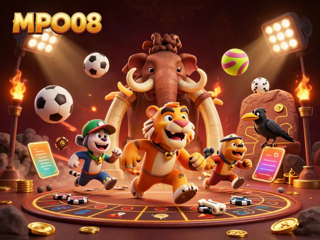 MPO08 offers a vivid scene of a prehistoric casino with dynamic gaming elements, showcasing incredible energy.