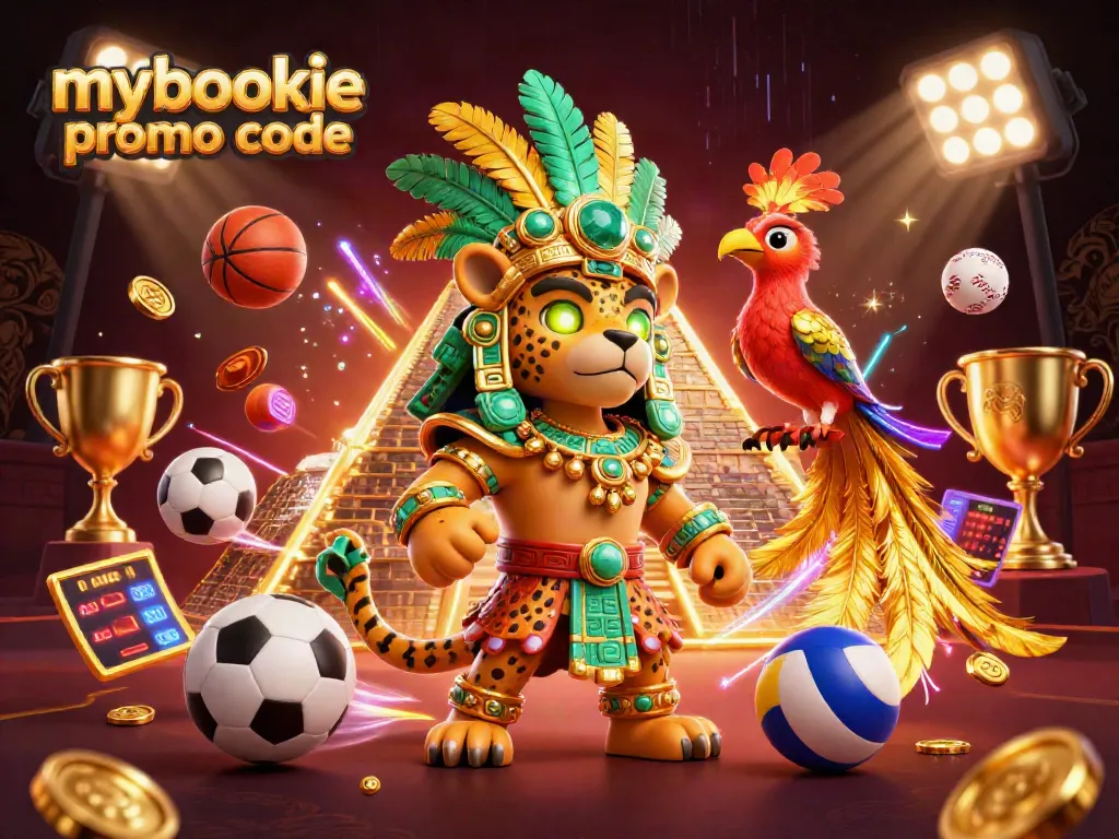 Engage with sports betting using mybookie promo code in this vibrant 3D scene showcasing thrilling game elements.