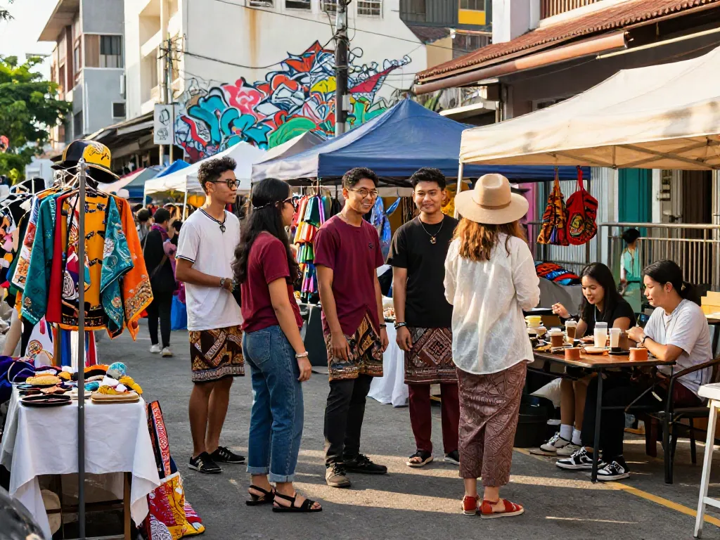Nyonya4d fashion market scene with vibrant outfits and community interaction.