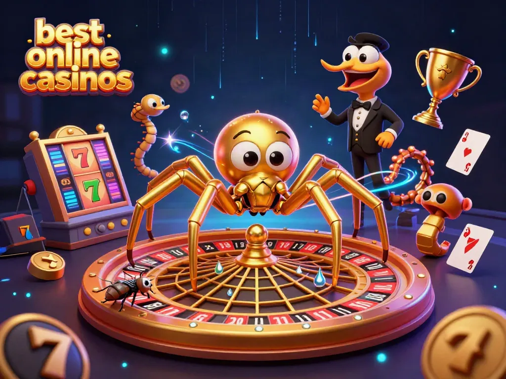 A vibrant scene depicting the best online casinos with a golden spider and colorful, dynamic elements among gambling symbols.