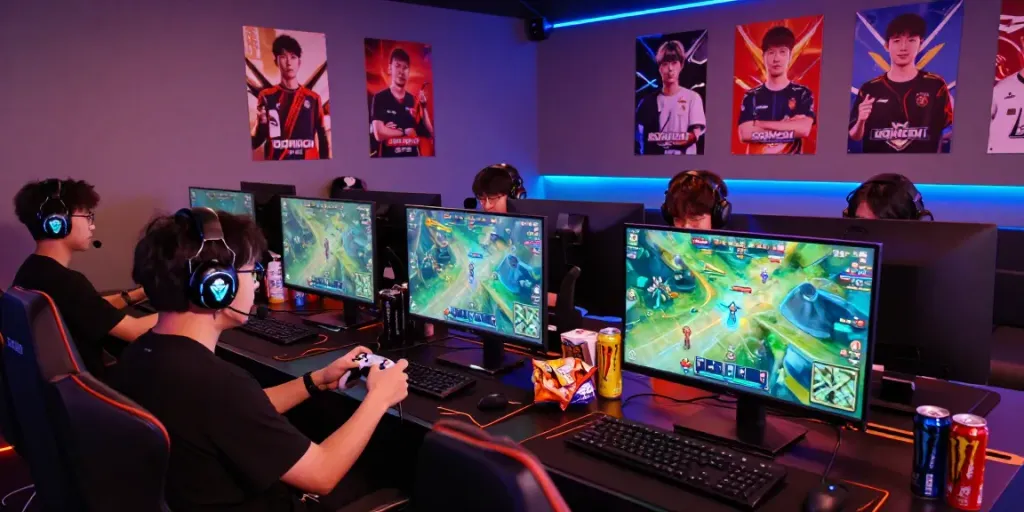 Gamers in esports lounge focused on QQMacan gameplay amidst vibrant LED lighting.