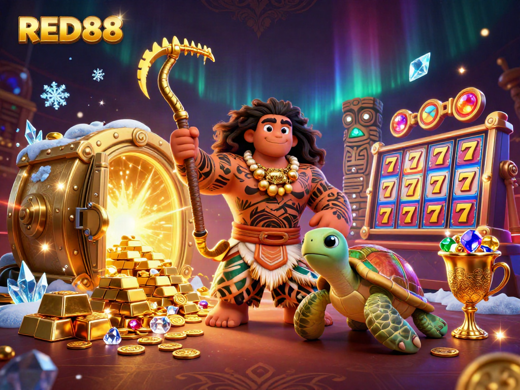 Experience RED88’s thrilling offers with a vibrant illustration of treasure vaults and slot reels.