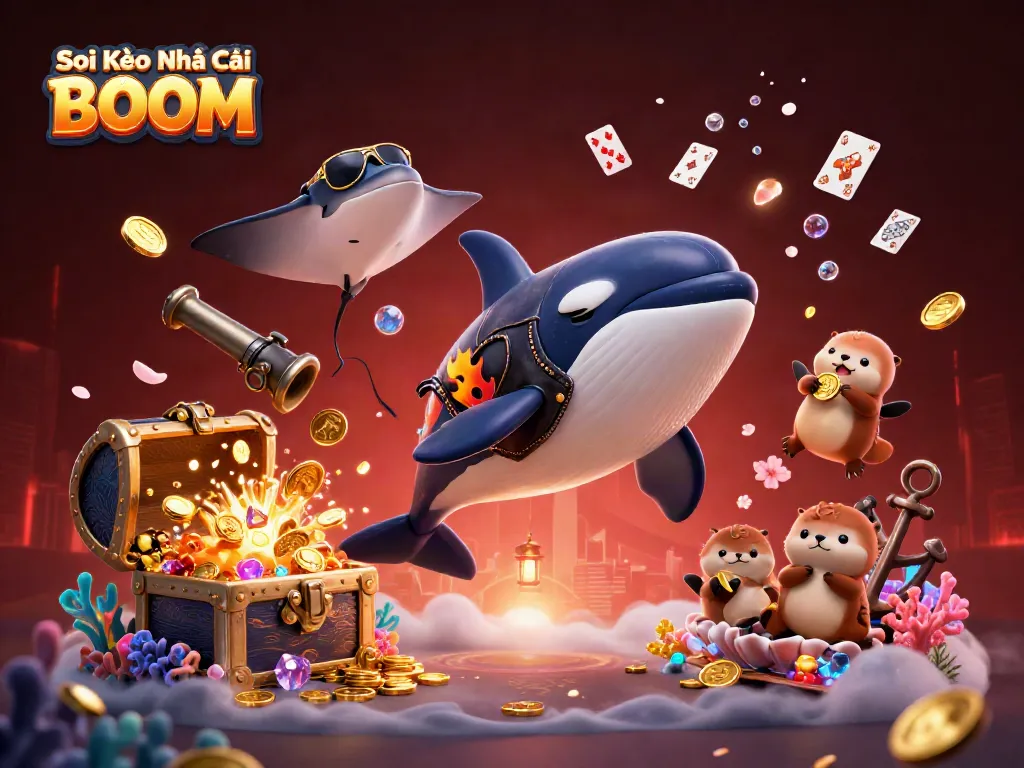 Soi Kèo Nhà Cái BOOM scene featuring an orca whale and sea creatures with gambling elements