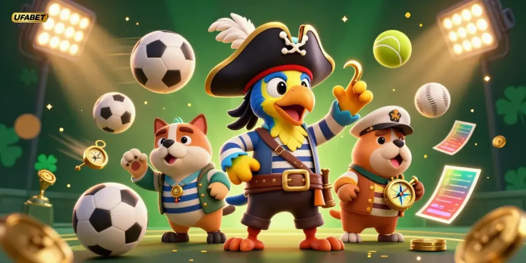 Engaging UFABET betting experience with dynamic sports elements and animated characters in a vibrant illustration.