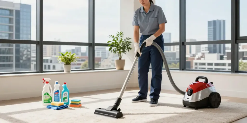 End of lease cleaning in Melbourne with professionals using eco-friendly supplies in a bright apartment.
