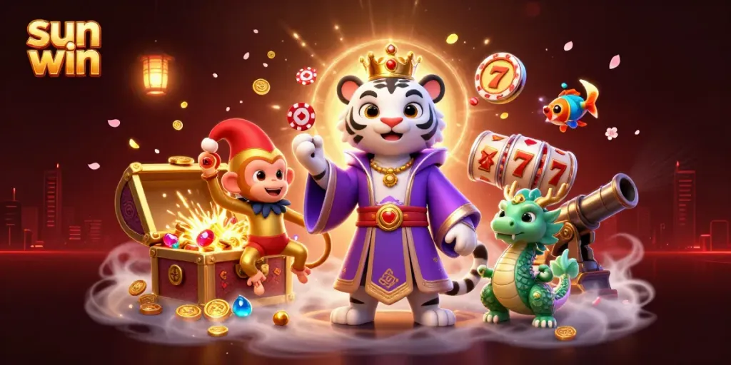 Engage in gaming action at sun win with animated characters surrounded by casino elements.