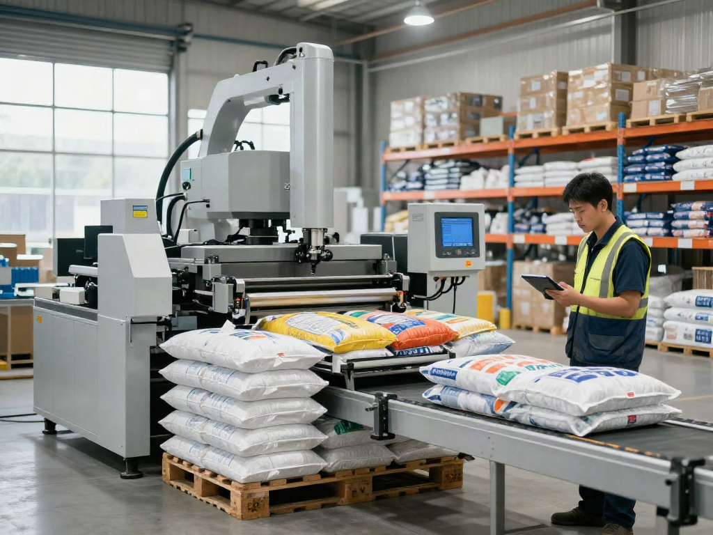 Automatic bag palletizer machine efficiently stacking bags in a bright industrial warehouse.