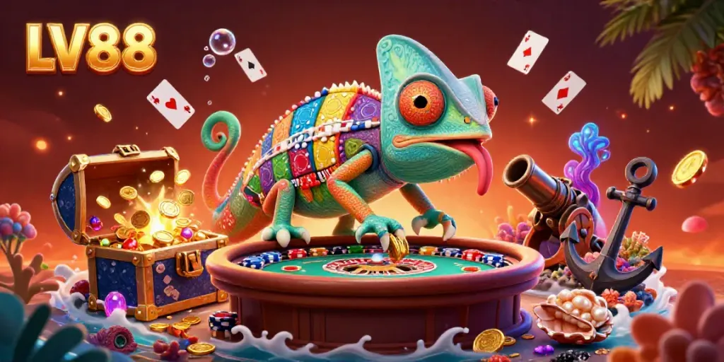 Experience the thrilling world of LV88 with a chameleon casino owner amid gold coins and vibrant games.