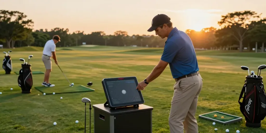 Golfer using budget golf launch monitors to track performance during outdoor practice.