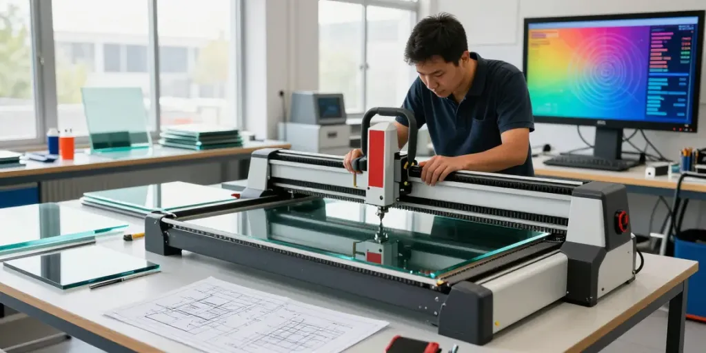 Experienced technician operating a glass cutting machine supplier in a bright workshop space.