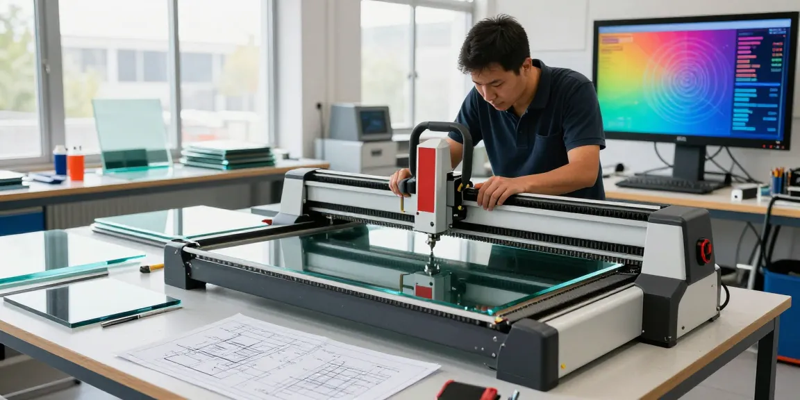 Experienced technician operating a glass cutting machine supplier in a bright workshop space.