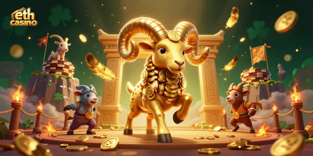 Experience thrilling wins with eth casino depicted in a vibrant 3D illustration of a golden ram charging through a casino arena.