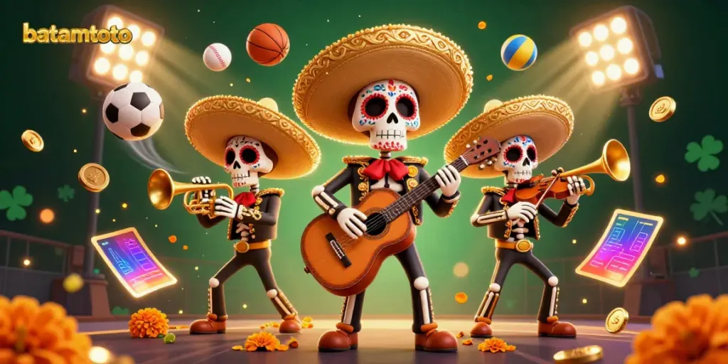 Witness the vibrant batamtoto mariachi band playing amidst dynamic sports elements, enhancing your gaming spirit.