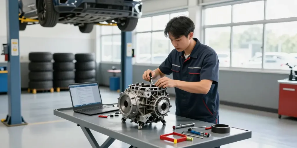 Detailed view of a CD009 transmission for sale in a garage setting, highlighting inspection tools and workspace.