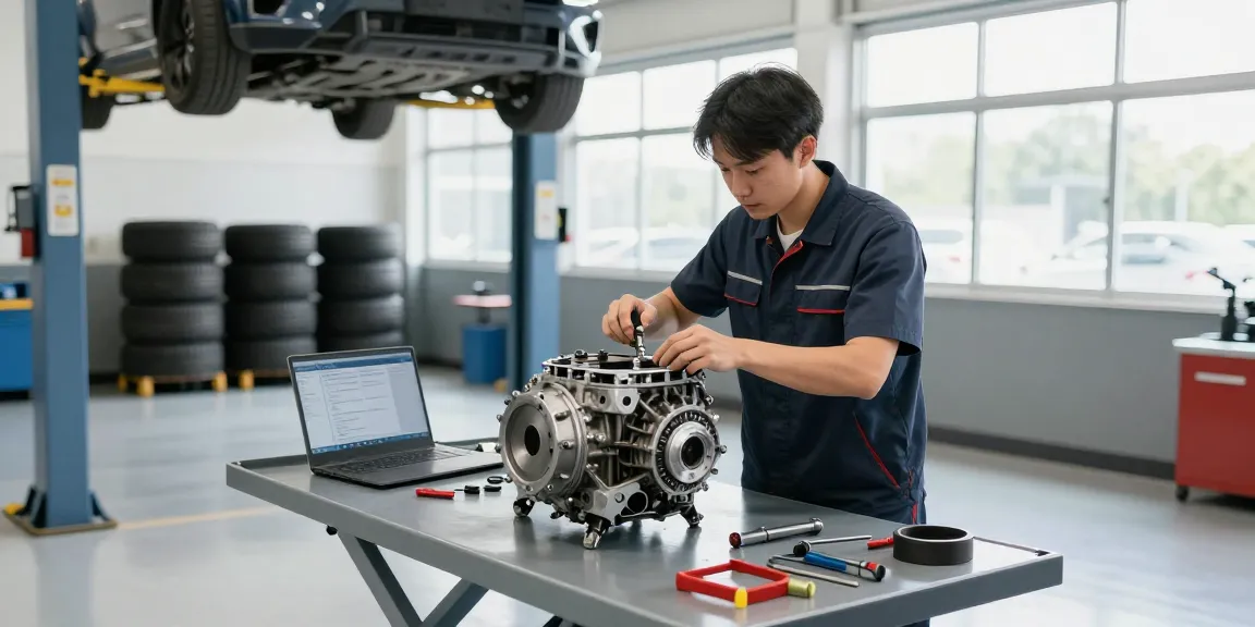 Detailed view of a CD009 transmission for sale in a garage setting, highlighting inspection tools and workspace.