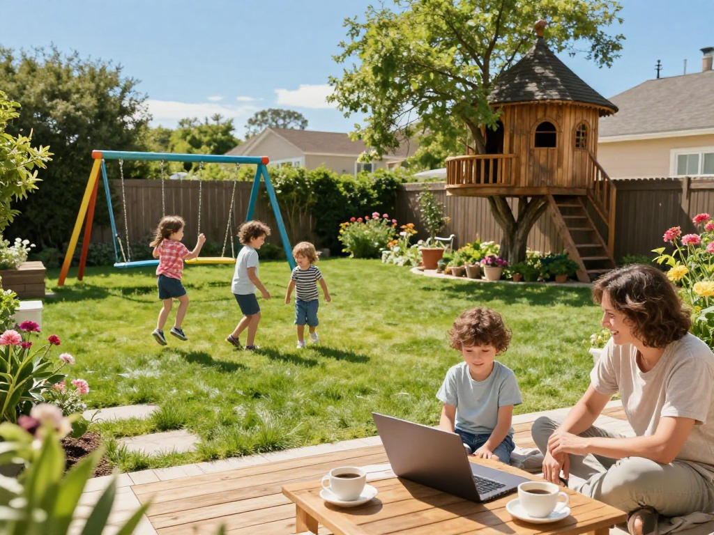 Family in a backyard with swing set representing the best states to raise a family 2026.