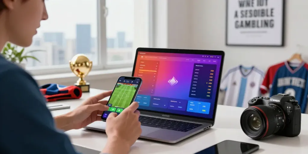 DewaGG user placing sports bets on a mobile app surrounded by sports memorabilia in a bright office.