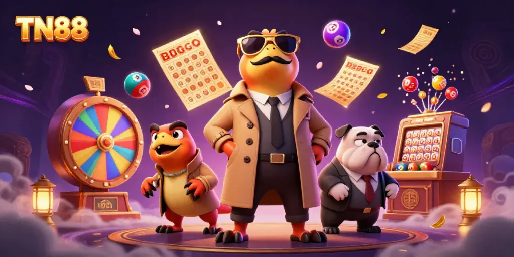 Experience the excitement at TN88 Casino with animated raptors in disguise, vibrant lottery elements, and a lively atmosphere.