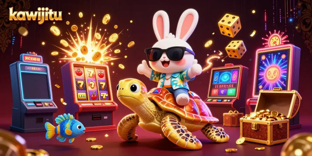 Experience the thrill of kawijitu with animated characters amidst vibrant casino elements.