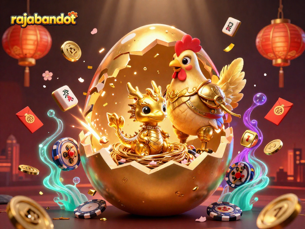 Gambarlah rajabandot dengan naga emas dan chip poker dalam ilustrasi berwarna-warni dan kaya detail.