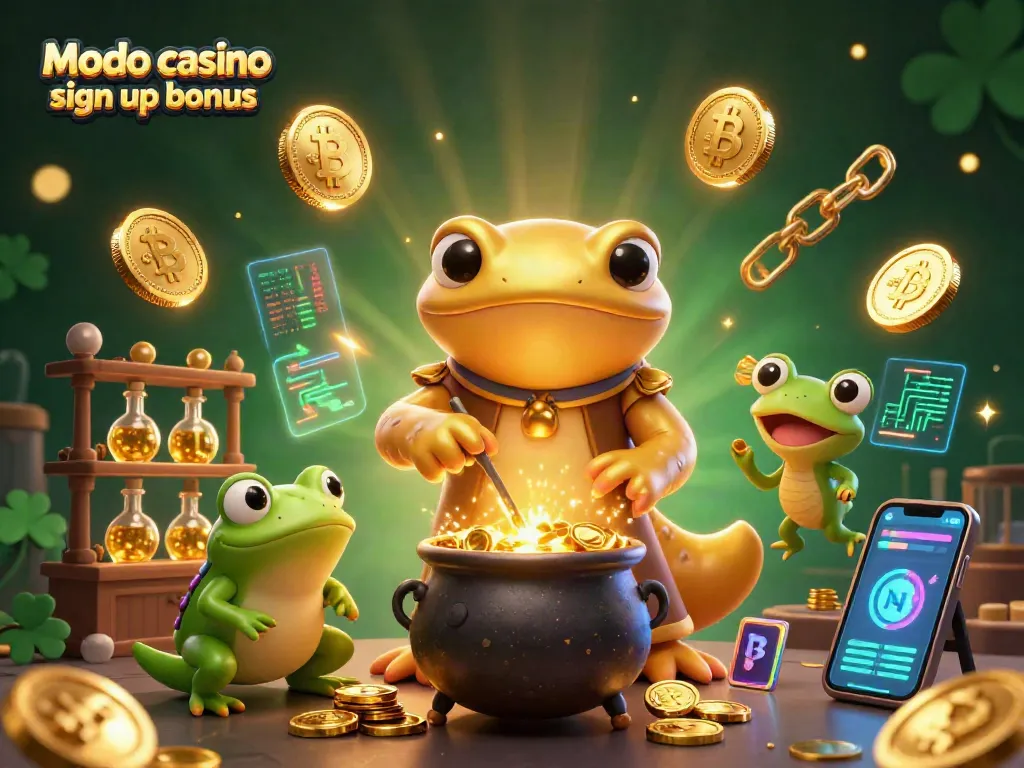 Claim your modo casino sign up bonus with a vibrant 3D illustration of casinos and magical elements