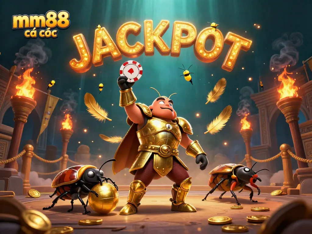 Experience mm88 cá cược excitement with a heroic beetle in gladiator armor in a vibrant casino scene.