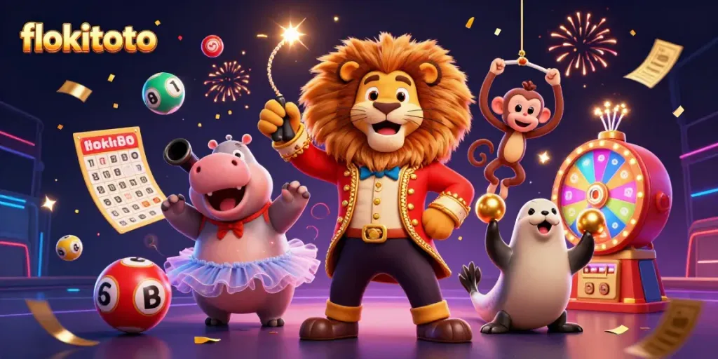 Celebrate wins with flokitoto's vibrant casino-themed illustration featuring lively characters and dynamic elements.