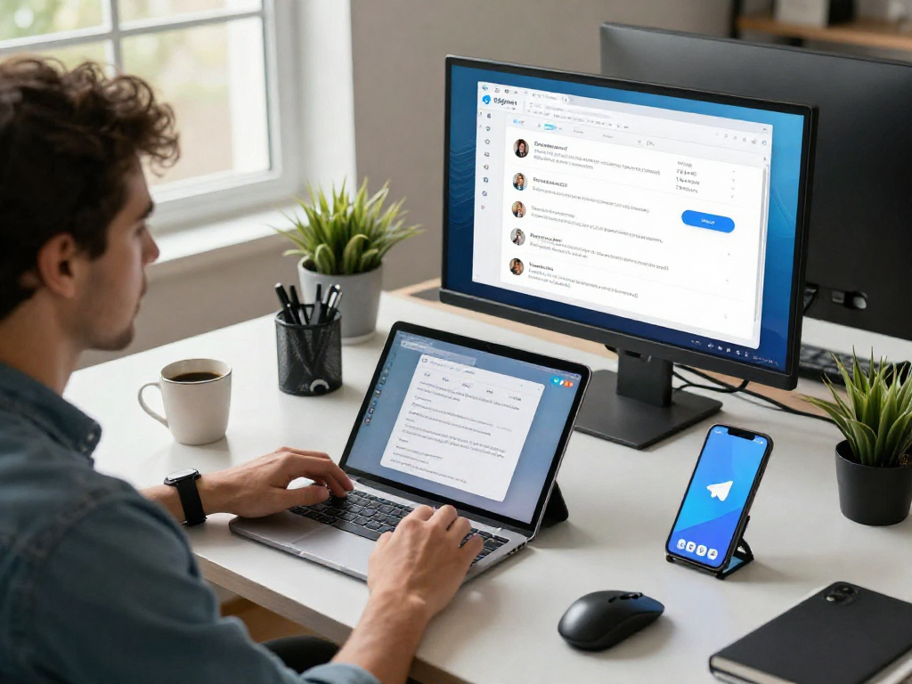 在现代办公桌前使用telegram 下载的专业用户，展示Telegram界面与多设备同步的功能。