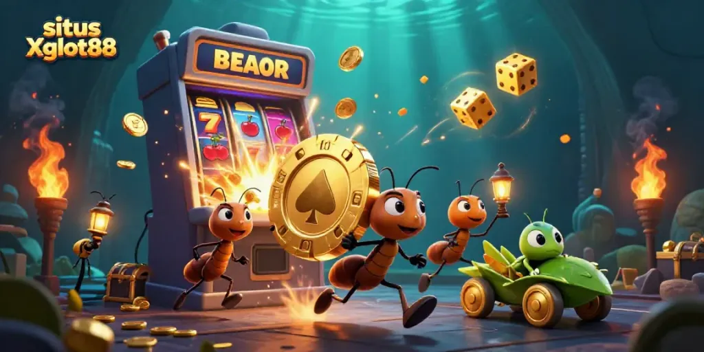 Ilustrasi ceria tim semut 3D menghadapi tantangan di situs Xgslot88 dengan chip poker raksasa dan slot mesin jackpot.