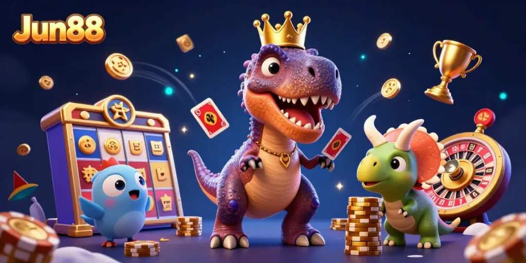 Experience thrilling slots action with Jun88's fun characters in a 3D casino scene filled with excitement.