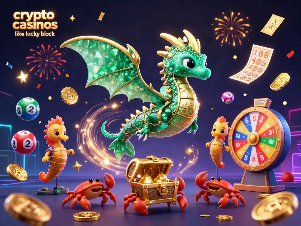 Play in crypto casinos like lucky block with vibrant colors, energetic symbols, and golden treasures surrounding a majestic sea dragon.