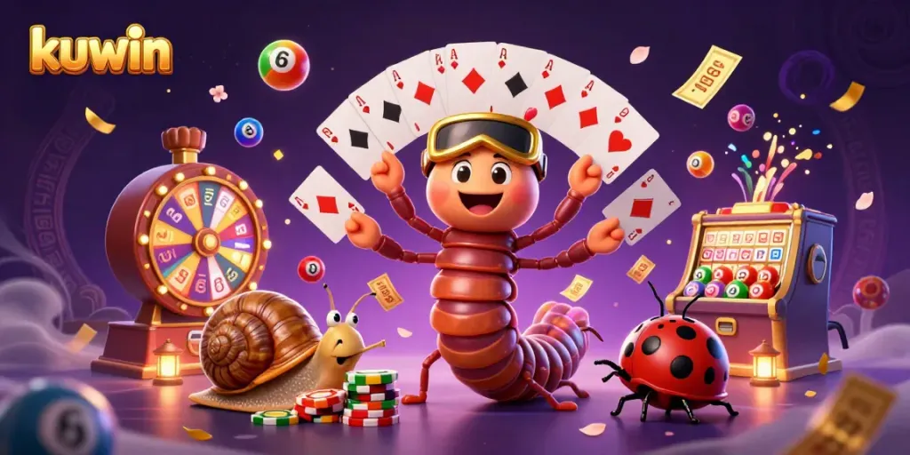 Kuwin gameplay with dynamic characters fanning cards and colorful lottery balls in a lively scene