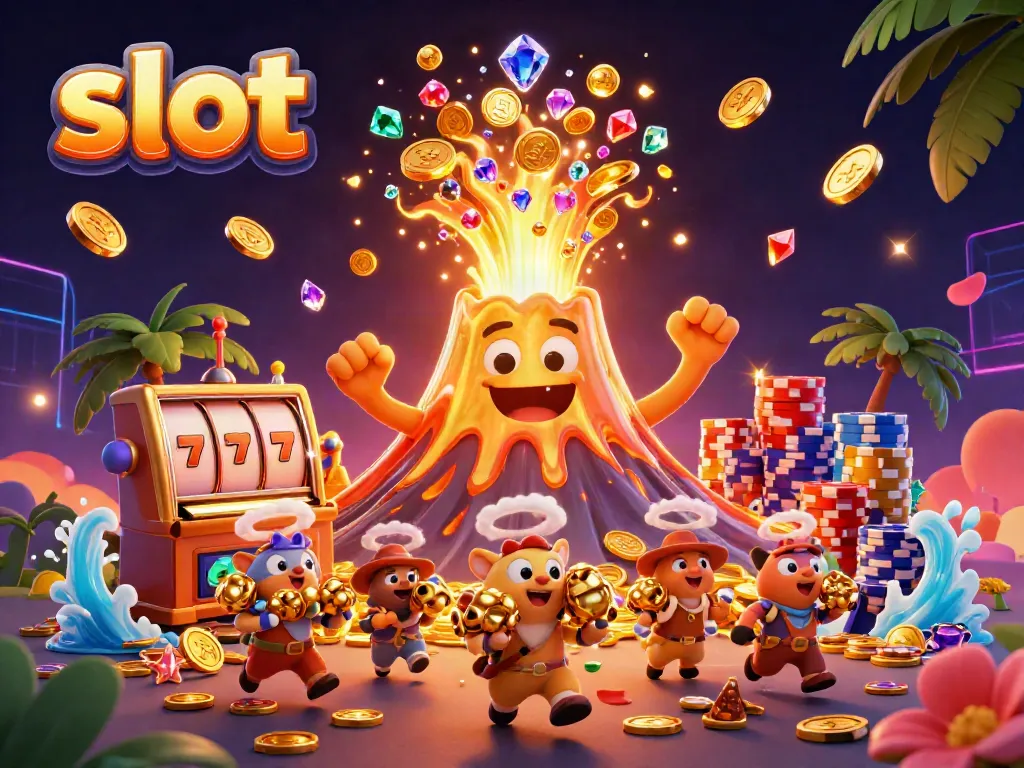 Engaging slot scene with a golden volcano pouring coins and gems, illustrating casino excitement.