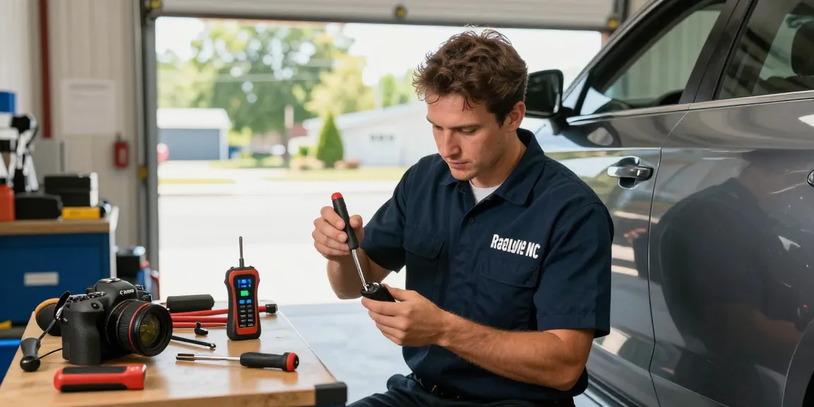 Car locksmith Raleigh unlocking vehicle door with professional tools in a focused workshop setting.
