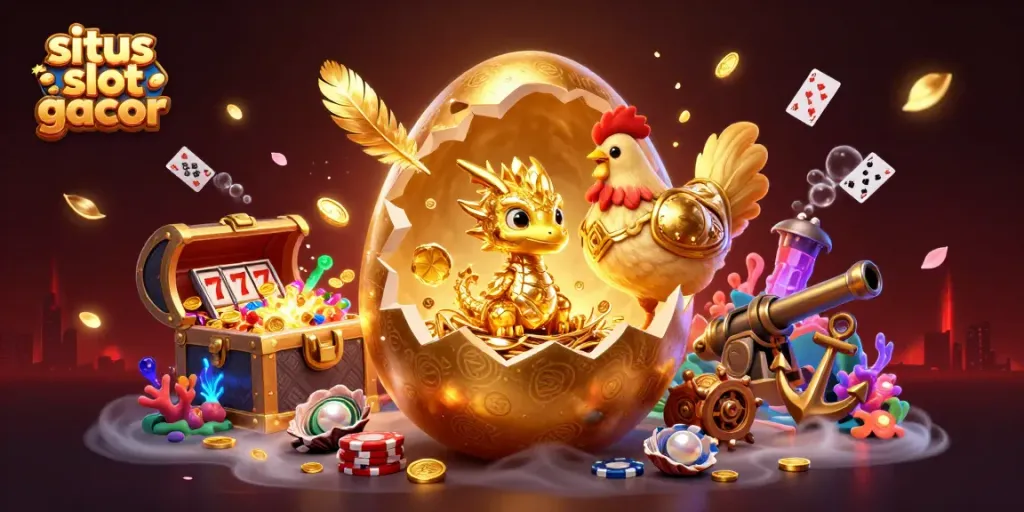 Menggunakan situs slot gacor untuk memenangkan jackpot dengan dramatis, menampilkan naga emas dan elemen kasino lainnya.