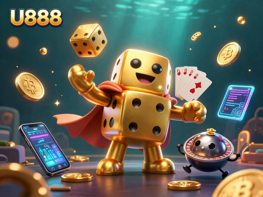 Experience thrilling gameplay at U888 with a golden dice golem and cryptocurrency elements