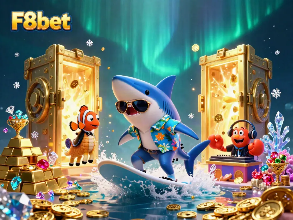 Surfing with the F8bet shark character among waves of gold, showcasing thrilling casino vibes.