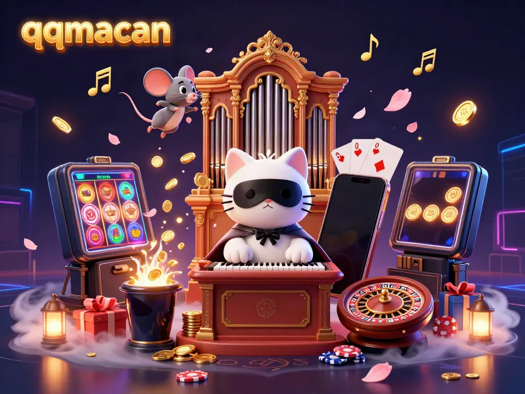 Enjoy thrilling moments with qqmacan as a cartoon cat orchestrates a casino symphony.