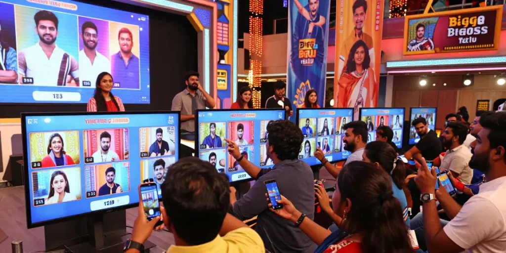Fans engaging in telugu bigg boss 10 voting results live, surrounded by screens displaying contestant updates.