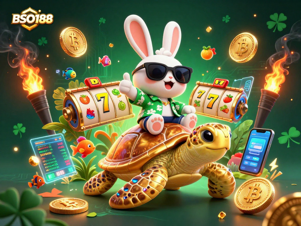 Engage in thrilling gameplay with BSO188 featuring a lucky rabbit and golden sea turtle in a vibrant casino scene.