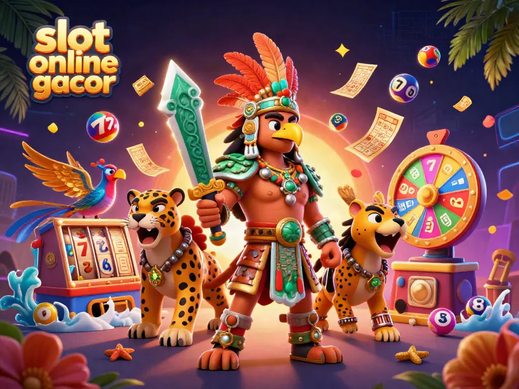 Experience slot online gacor excitement with our dynamic 3D illustration featuring Aztec warriors and vibrant casino elements.
