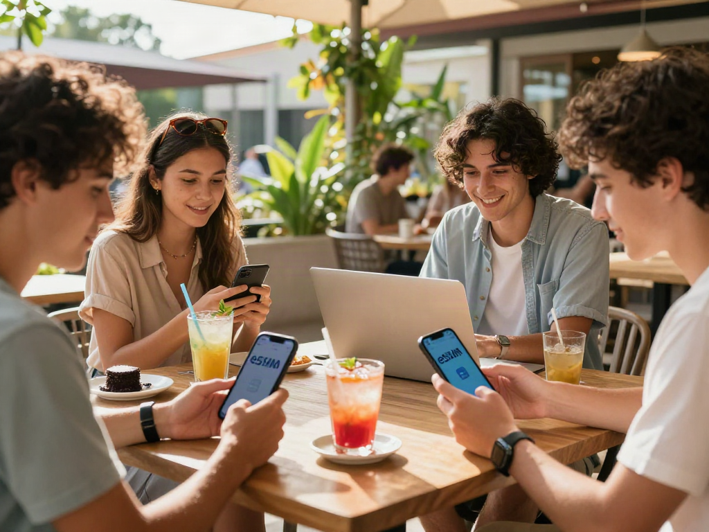 חברים משתמשים בטכנולוגיית Esim לחול בבית קפה עם אינטרנט מהיר