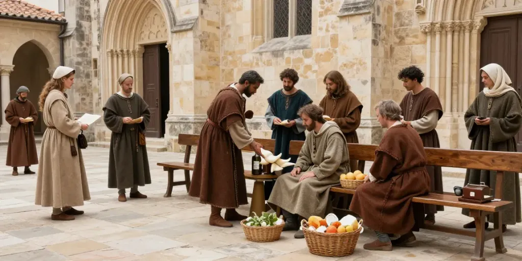 Actes de charité de l'ordre de Saint-Lazare dans une cour historique.