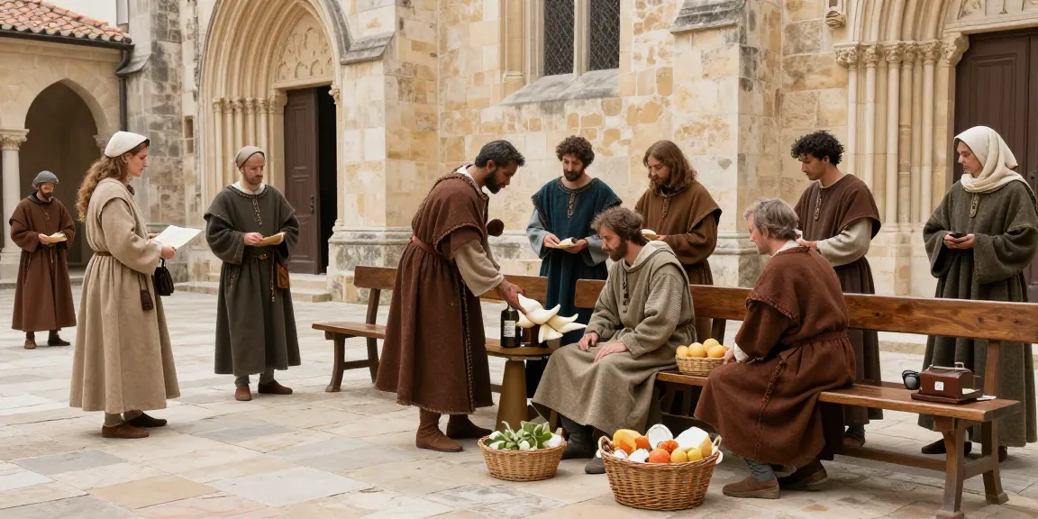 Actes de charité de l'ordre de Saint-Lazare dans une cour historique.