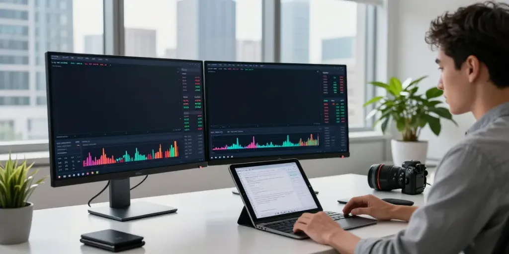 Dynamic cryptocurrency trading setup showcasing stock market API data with screens displaying live trading trends and a digital wallet.