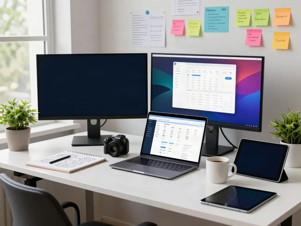 Professional using AI SEO tools in a modern digital marketing workspace, highlighting technology and productivity.