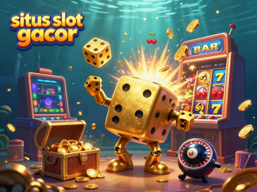 Experience the excitement of situs slot gacor with a vibrant 3D illustration showcasing golden dice and jackpot action.