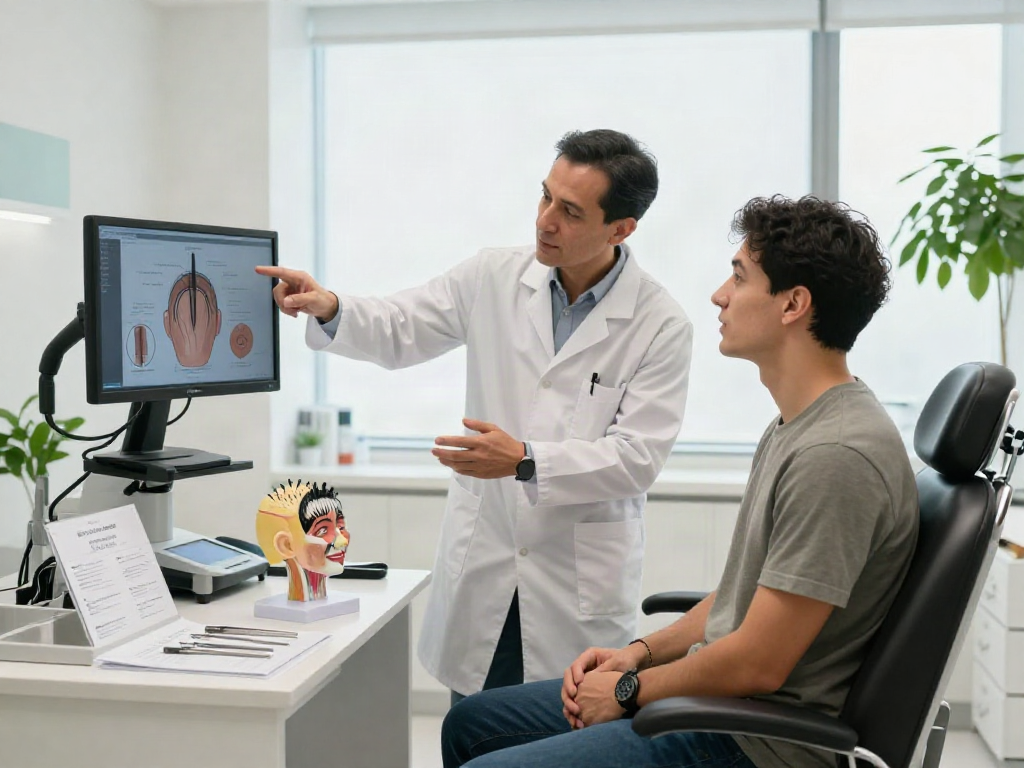 Hair transplant Turkey consultation scene with surgeon explaining procedure to patient in modern clinic