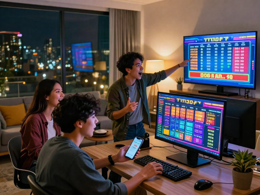 Engaged group enjoying togel online gaming in a stylish living room with vibrant graphics.